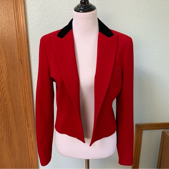 Lauren Ralph Lauren Jackets & Blazers - Lauren Ralph Lauren Red Wool Black Velvet Cropped Shoulder Pad Blazer Jacket